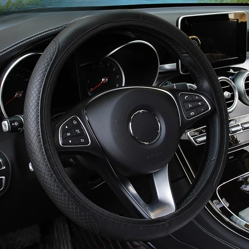 Car Steering Wheel Cover Anti Slip Breathable - 車のステアリングホイールカバーアンチスリップ Pu レザーステアリングプロテクターアンチスクラッチステアリングホイールカバーユニバーサル 37-39 センチメートル