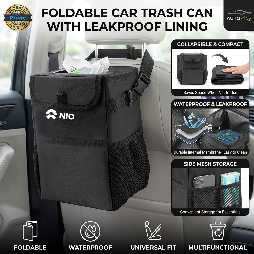 Waterproof Car Trash Can With Lid - NIO ES6、ES7、ES8、ET5、ET7、ET9、EC6、EC7に対応。折りたたみ式で持ち運び可能、漏れ防止・防水機能付き、大容量の車載用ゴミ箱。