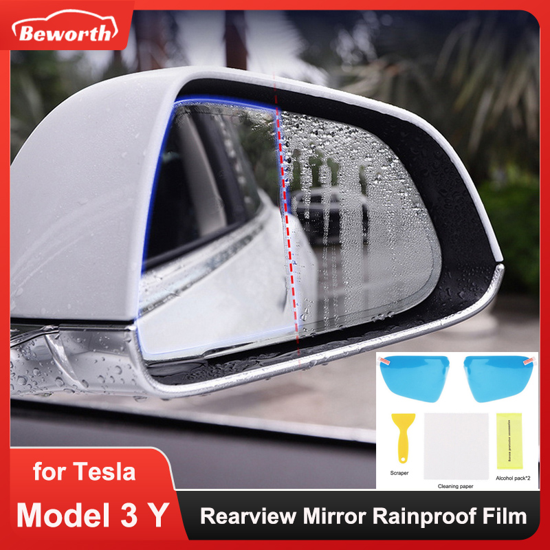 Anti Glare Car Rearview Mirror Film - 2 個バックミラー防雨フィルムテスラモデル 3 Y 2023 防曇フィルムフルスクリーンステッカー安全運転自動車アクセサリー