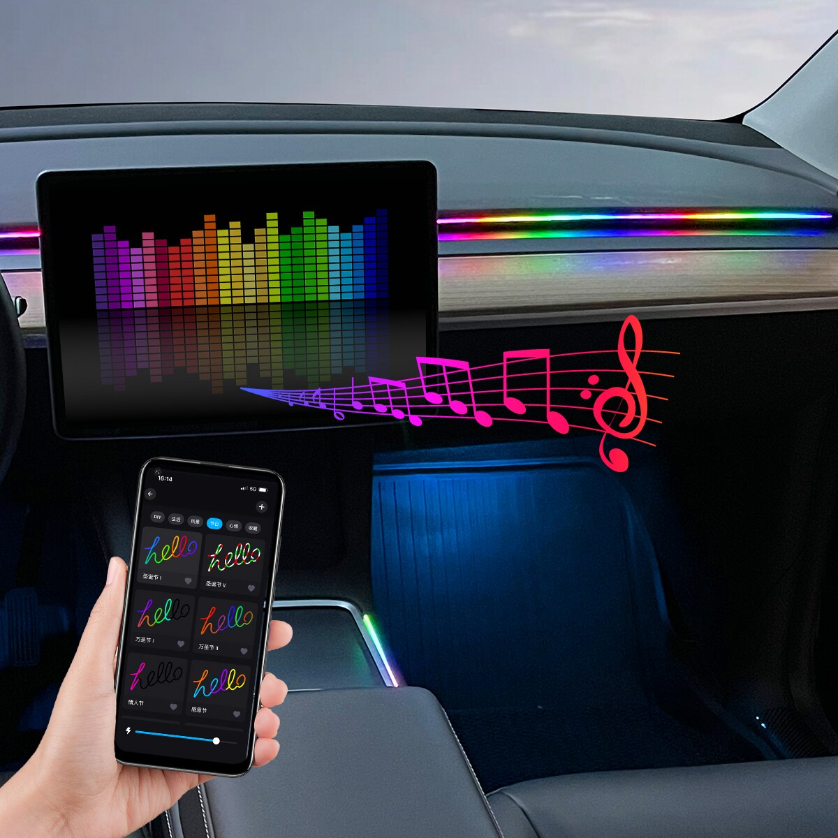カーLEDアンビエントライトUSB 64色アクリルストリップ - Led Ambient Interior Car Lights App Control のレビューと価格