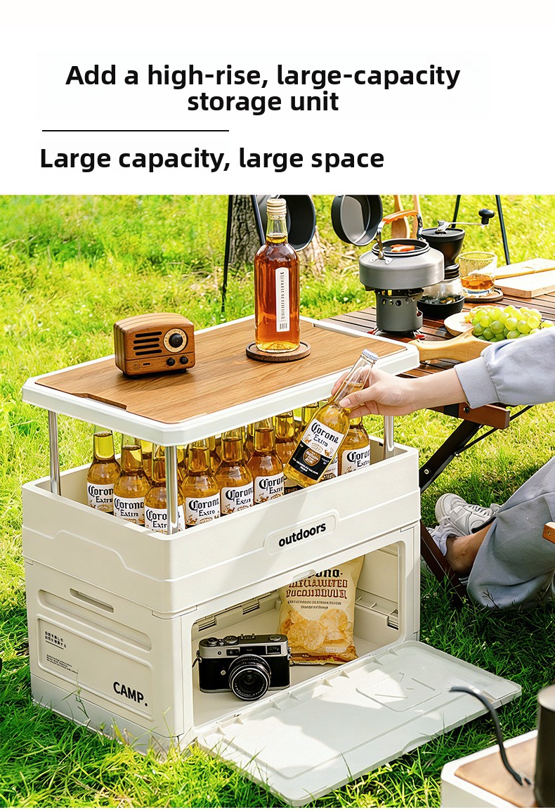 キャンプ用折りたたみ収納ボックス 木製蓋付き ドアテーブルチ - Car Trunk Organizer Foldable Storage Box のレビューと価格